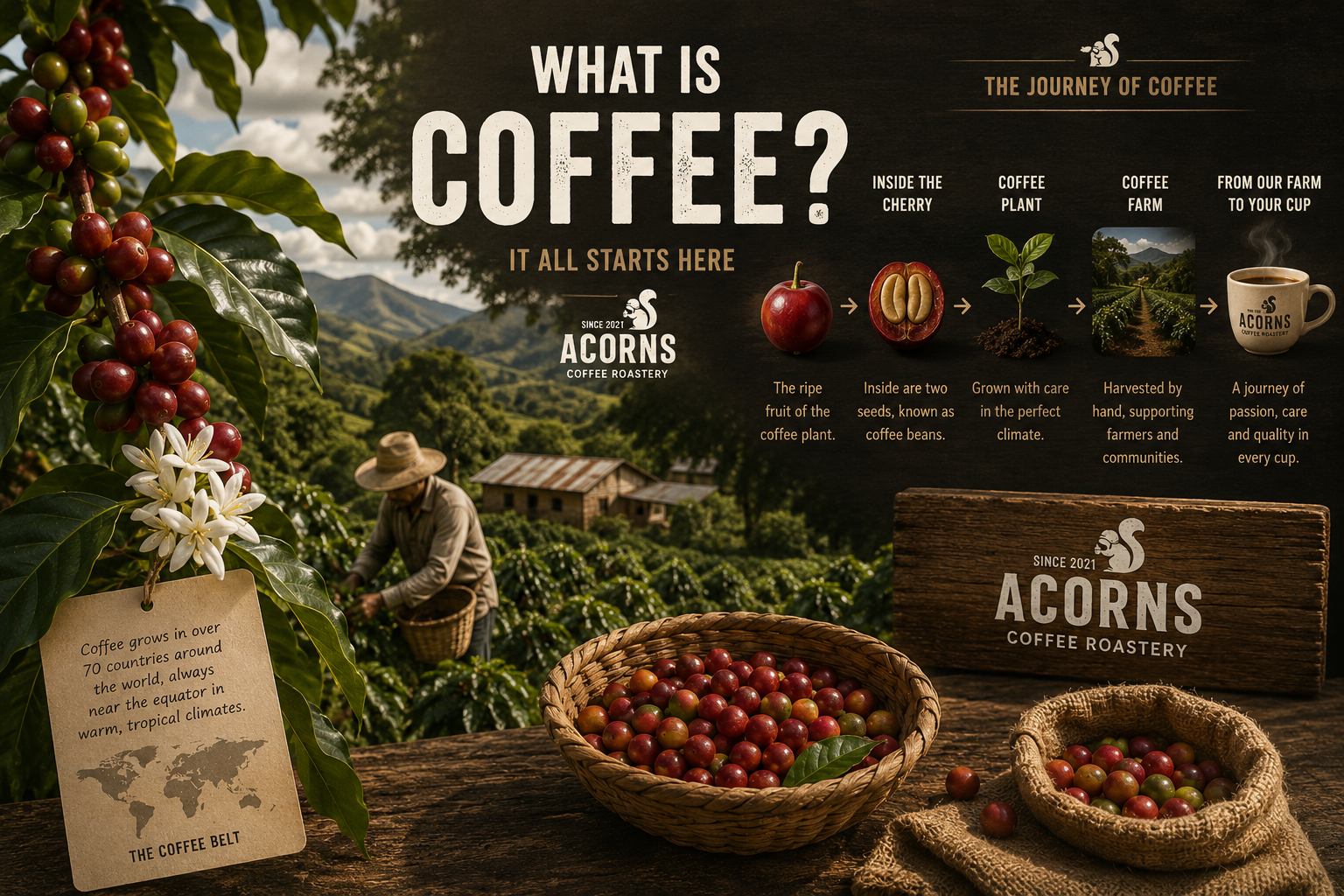 Promotional graphic for Acorns Coffee Roastery featuring coffee cherries on a vine, a rooster harvesting coffee, baskets of red coffee cherries, a wooden sign, and text explaining the coffee journey against a scenic mountain and field background.