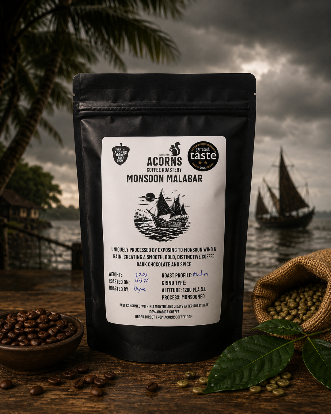 scenic image of acorns coffee monsoon Malabar coffee with a background of monsoon 