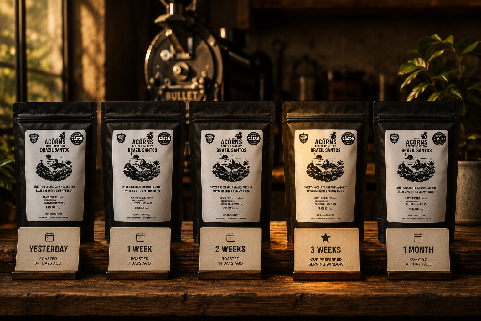 Acorn Coffee Roasters coffee packages labeled with different roasting durations on a wooden shelf.