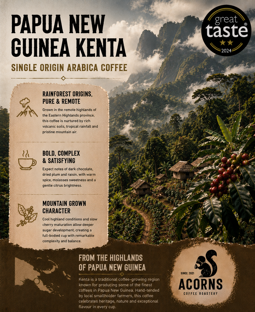 acorns coffee information card from award winning roastery for Papua New Guinea kenta explaining highlands character and flavour for the bold coffee bean