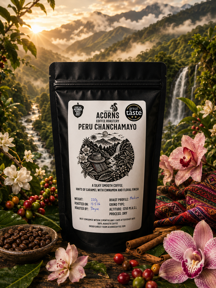 acorns coffee Peru chanchamayo packaging on a scenic Andean and cherry blossom background