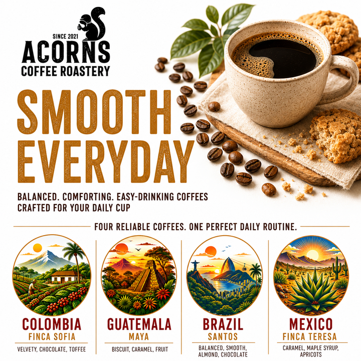 Acorns coffee smooth everyday collection with differ nr way to drink coffees