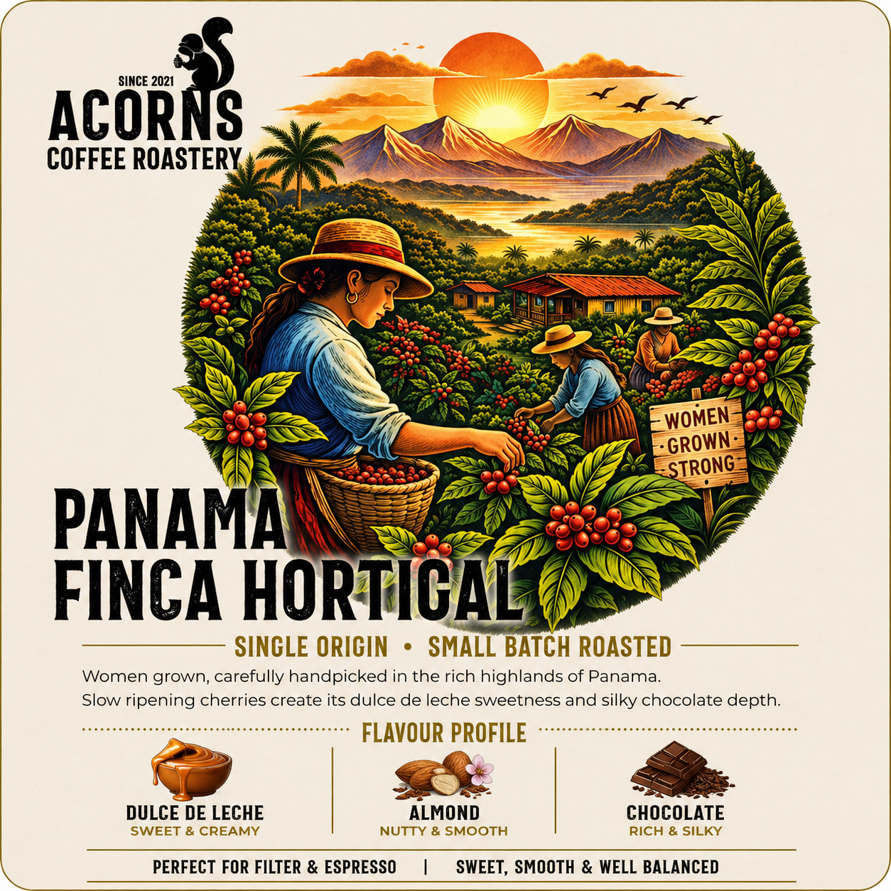 Acorns coffee Panama finca hortigal caramel almond chocolate roasted in Bordon