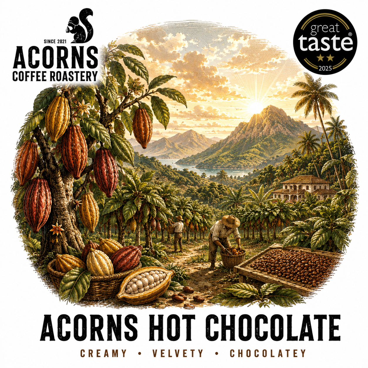 Advertisement for Acorns Hot Chocolate with cocoa bean illustration and scenic background