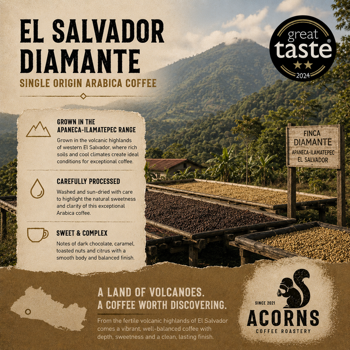 Advertisement for El Salvador Diamante coffee with a scenic background and Acorns Coffee Roastery branding.