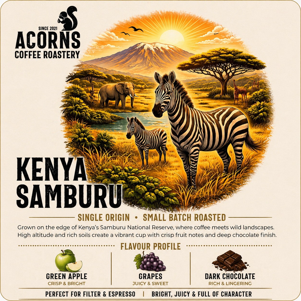 Acorns coffee local coffee roastery Kenya samburu beans green apple and grapes