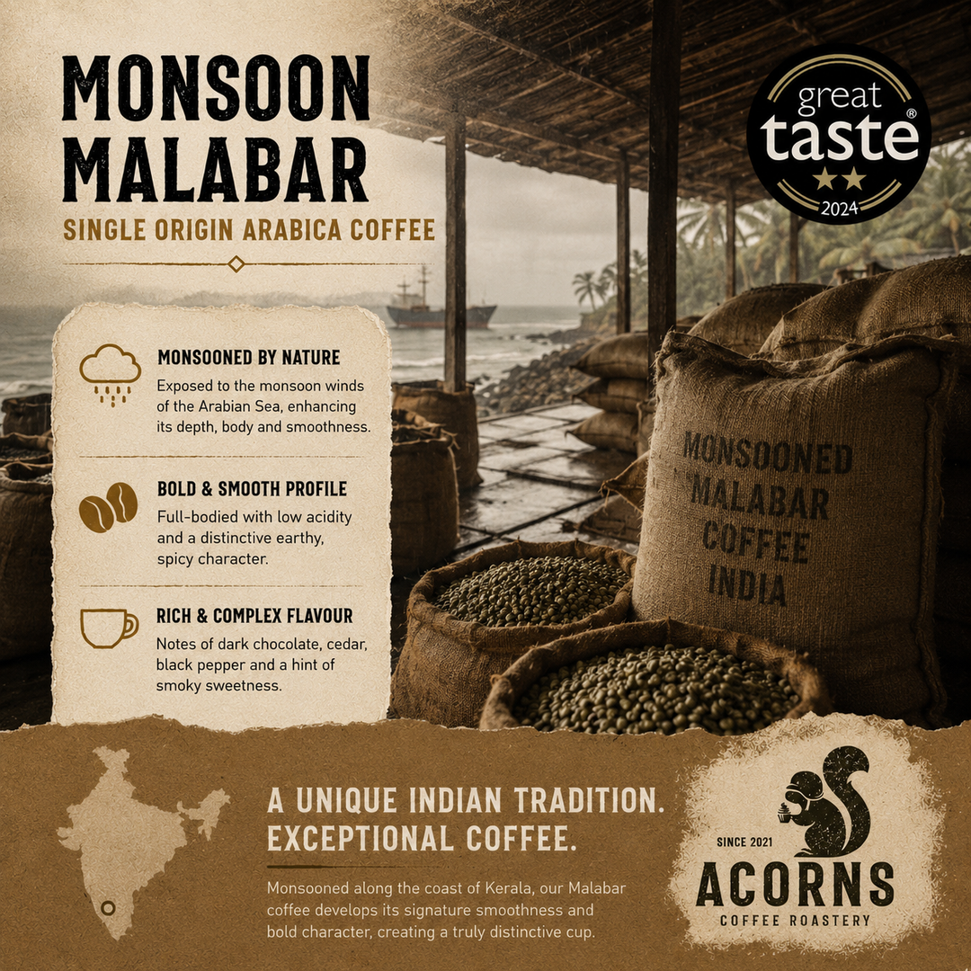 monsoon Malabar coffee beans by acorns coffee roasted fresh in Hampshire UK