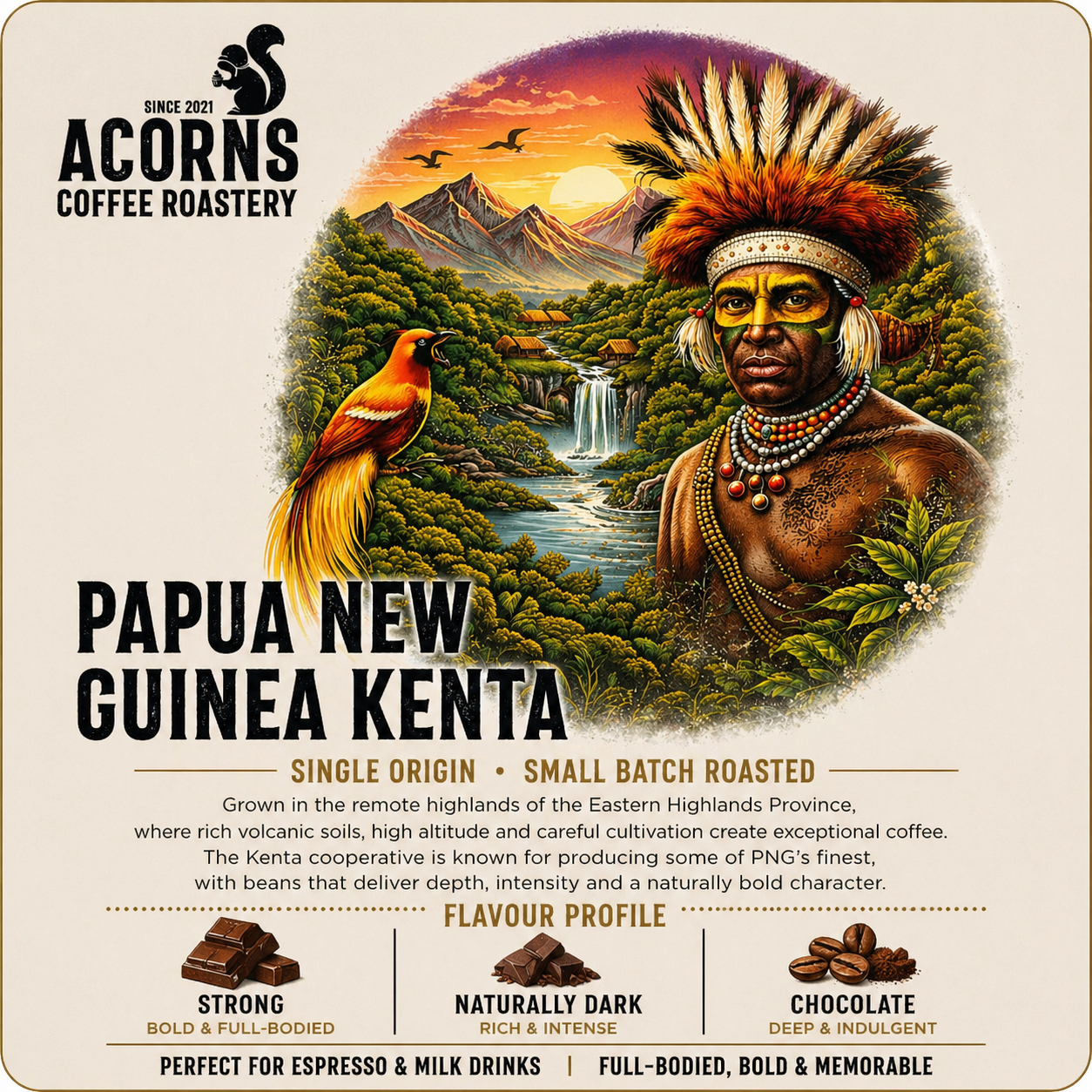 dark strong chocolate coffee beans by acorns coffee Papua New Guinea kenta bordon