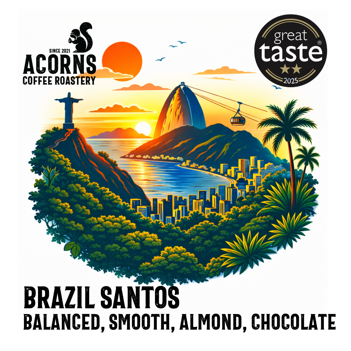acorns coffee Brazil santos balanced smooth almond chocolate roasted in bordon Hampshire