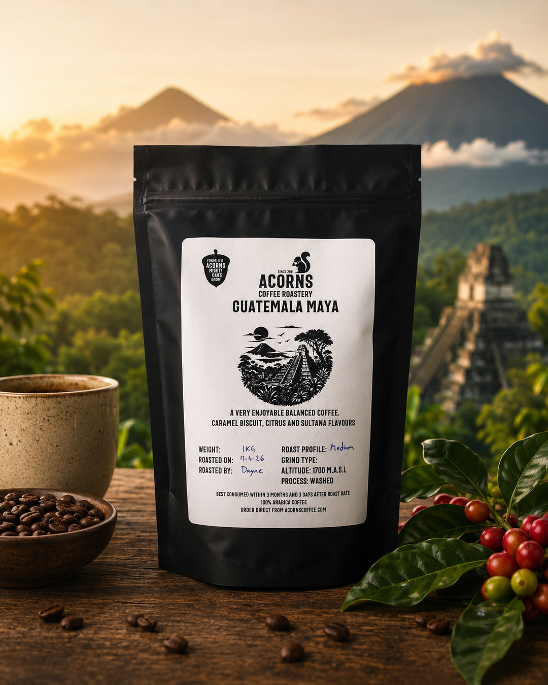 Acorns Coffee Roasters Guatemala Maya coffee bag with a scenic background