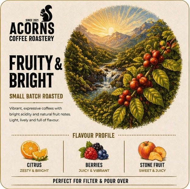 Acorns Coffee Roastery advertisement with coffee beans and scenic illustration on a beige background