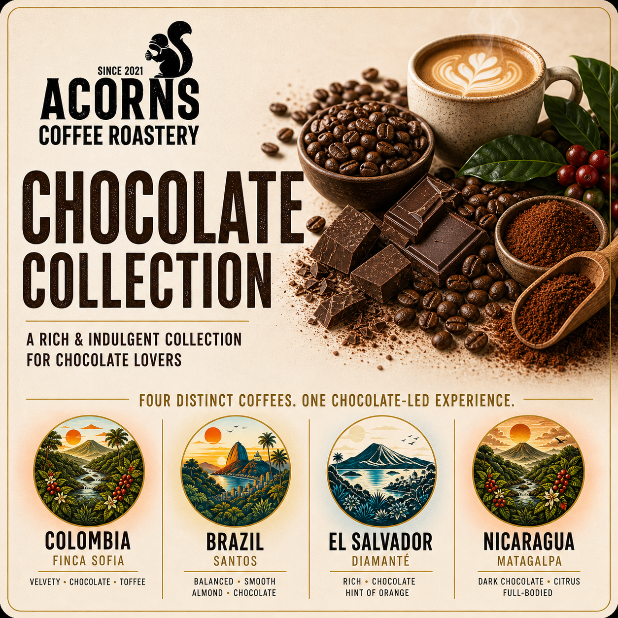 Acorns Coffee Roastery Chocolate Collection advertisement with coffee beans, chocolate, and a cup of coffee.
