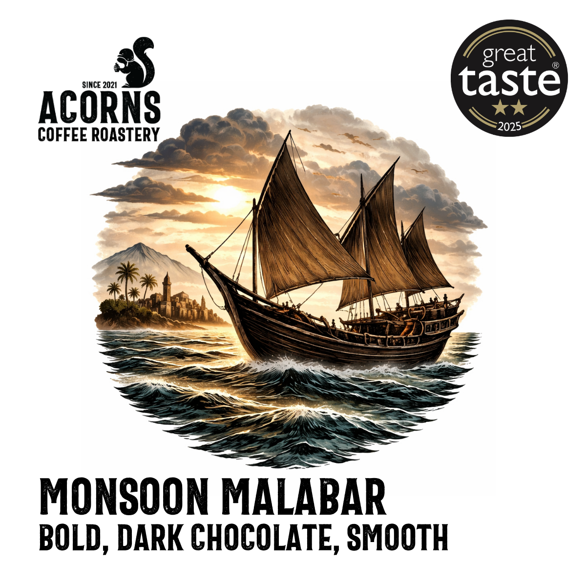 acorns coffee monsoon malabar dark chocolate smooth award winning roasted in bordon hampshire