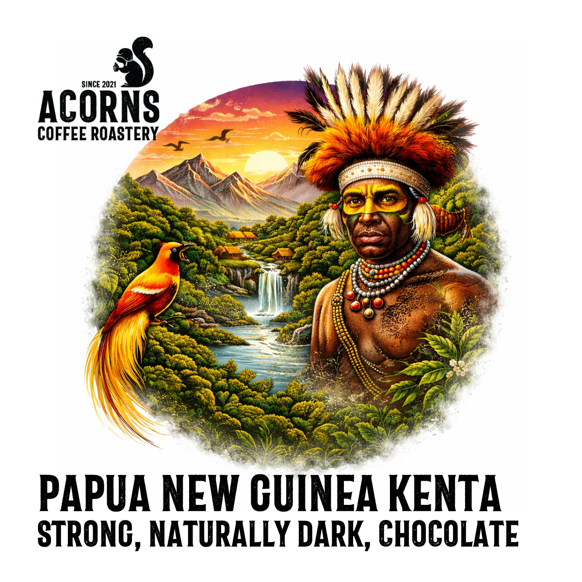acorns coffee papua new guinea Kenta strong dark chocolate roasted in Hampshire bordon