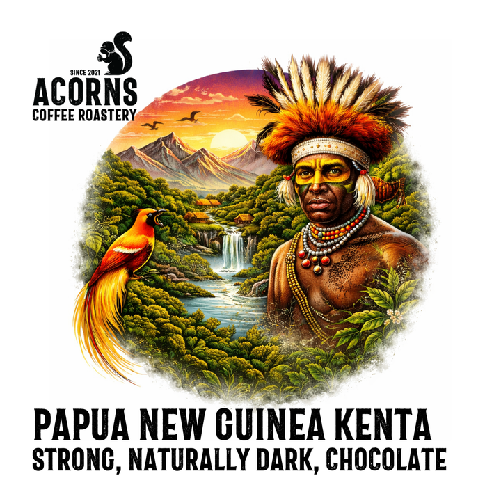 acorns coffee papua new guinea Kenta strong dark chocolate roasted in Hampshire bordon